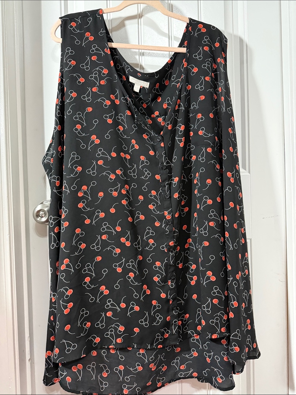 Woman Within Black Sleeveless Tunic with Red Cherry Print